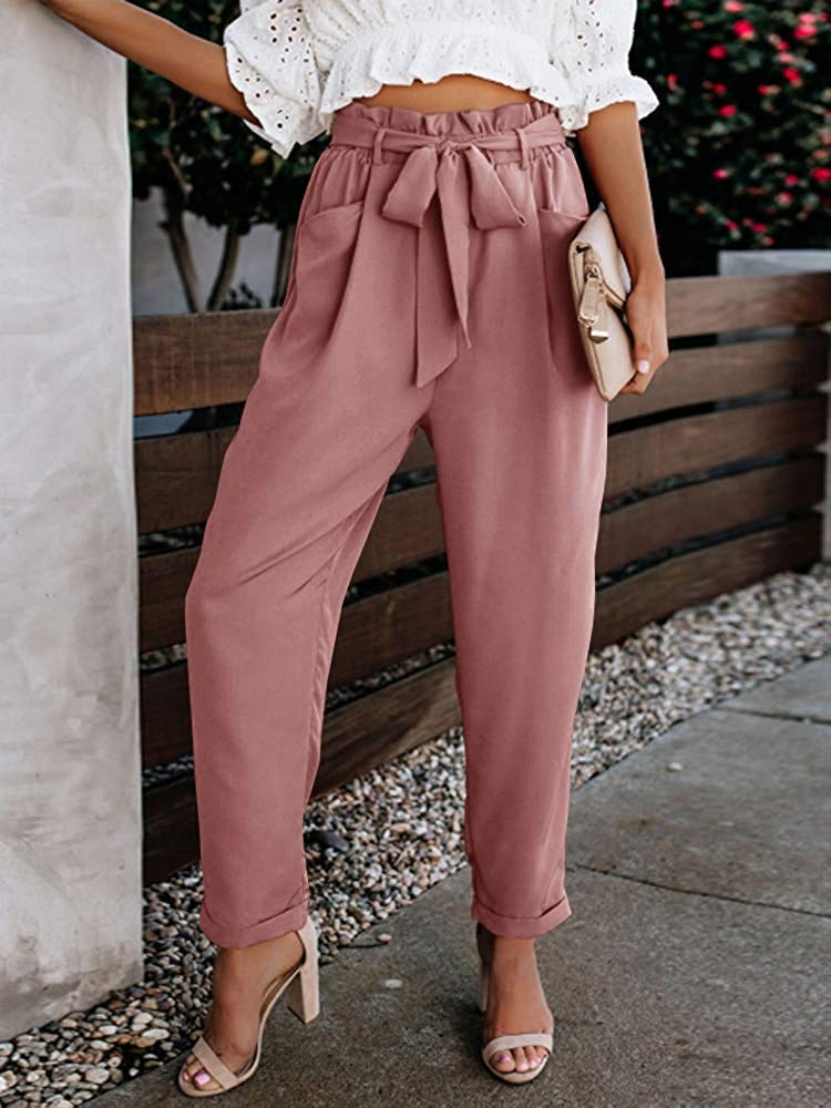 NEWFANGLE Women Paper Bag Pants Elastic High Waist Slim Casual Long Pants Cropped with Pockets,Pink,XL