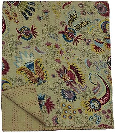 Beige Indian Hand Stitched Kantha Blanket Queen Size Cotton Quilt Unique Crown Design Bedspread