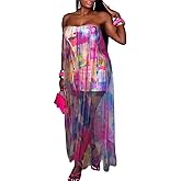 Ecirod Women Sexy Strapless Floral Long Tube Dress Sheer Mesh Flowy Beach Dresses Party Clubwear