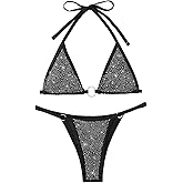 Women's Sparkly Rhinestone Halter Triangle O Ring Top String Thong High Cut Bottom 2 Pieces Bikini Swimsuit Set