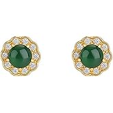 Gleejed Handmade Jade Earrings Genuine, 18k Yellow Gold Plated, Real Jade in Cubic Zirconia Earrings for Women, Natural Jadeite Studs as Birthday Gifts Luxury Jewelry for Her