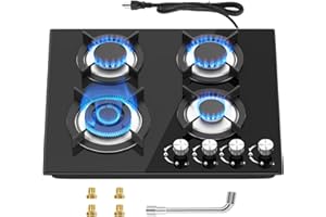 Argyolas 4 Burner Gas Stove Cooktop 24in, Glass Top Built-in Cooking Hob, NG/LPG Compatible or use with Propane or Neutral Gas