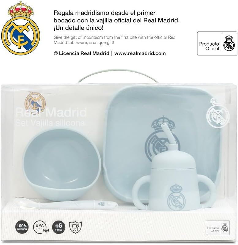 - Set de Vajilla Infantil 4 Piezas de Silicona Real Madrid Azul| Plato, Bol, Cuchara y Taza |Apto para Microondas y Lavavajillas | Libre de BPA