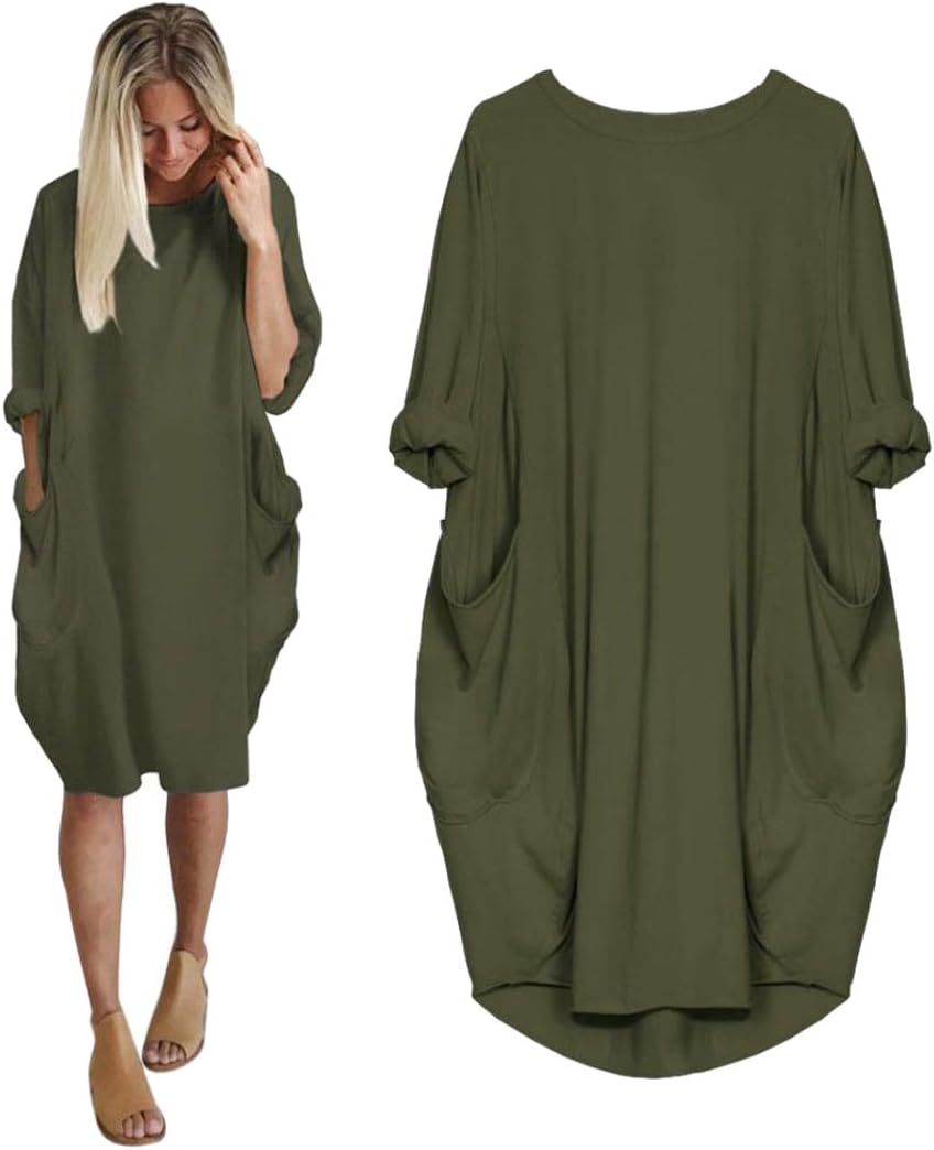 Quistal Women Tunic Dress Loose Crew Neck Plain Solid Oversize Baggy Party Shirt Mini Short Dresses With Pockets (S, Army Green)