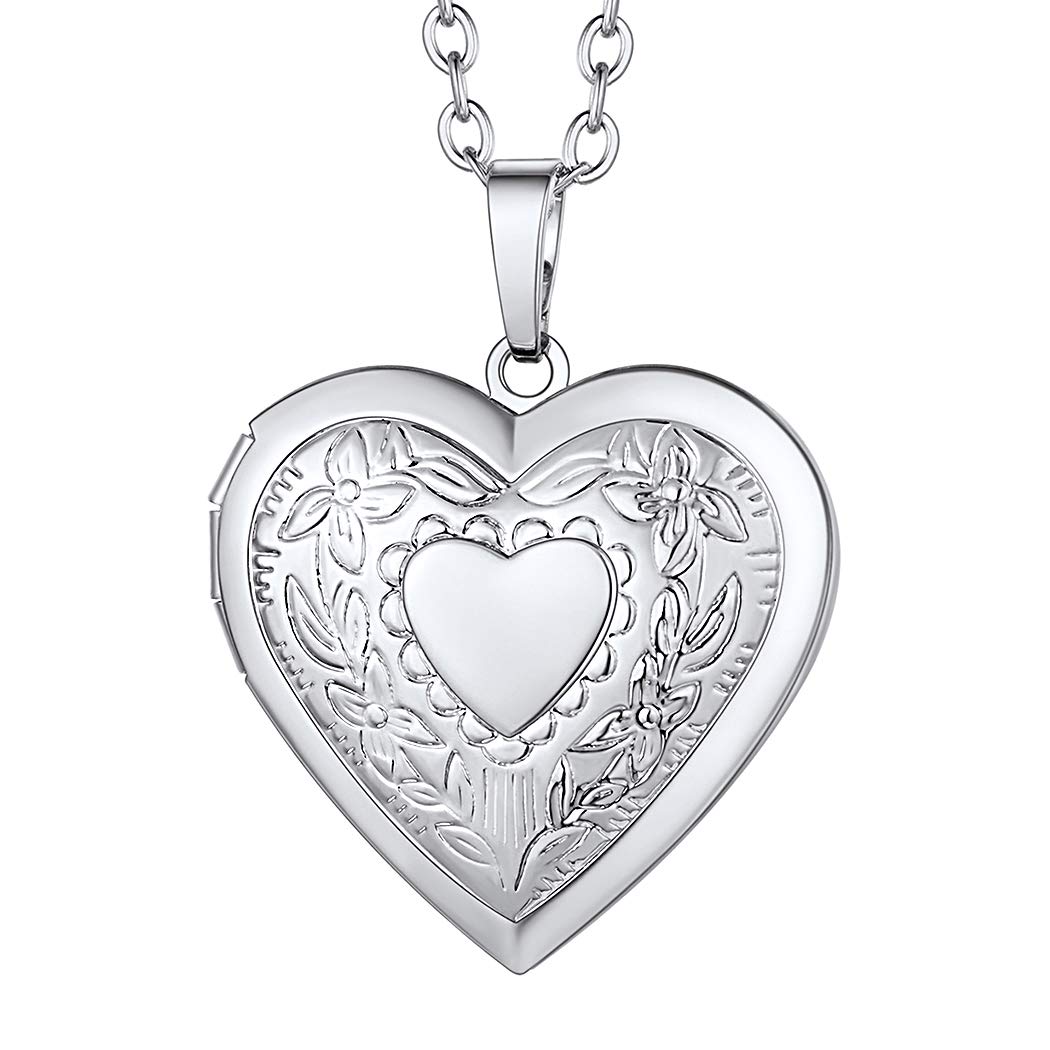 Suplight Locket Necklace for Women That Holds Pictures, Personalized Heart Locket, Platinum Plated Vintage Floral Flower Heart Shape Photo Picture Locket Pendant Necklace for Mon