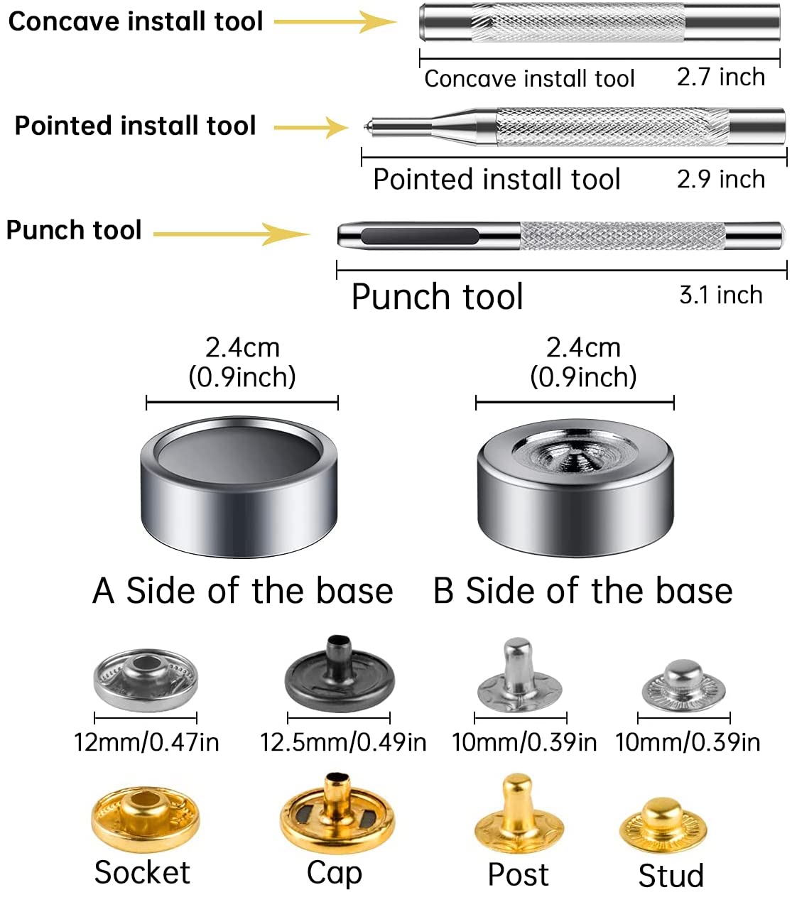 132 Sets Leather Snap Fasteners Kit, MSDADA 12.5 mm Metal Button Snaps Press Studs with 4PCS Fixing Tools, Sewing Snaps for Clothes Leather Craft Bracelets Jeans Wears Jackets Bags Belt