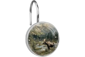12 Pcs Shower Curtain Hooks, Forest Moose Rustproof Decorative Metal Round Shower Curtain Hangers Rings for Bathroom Bedroom 