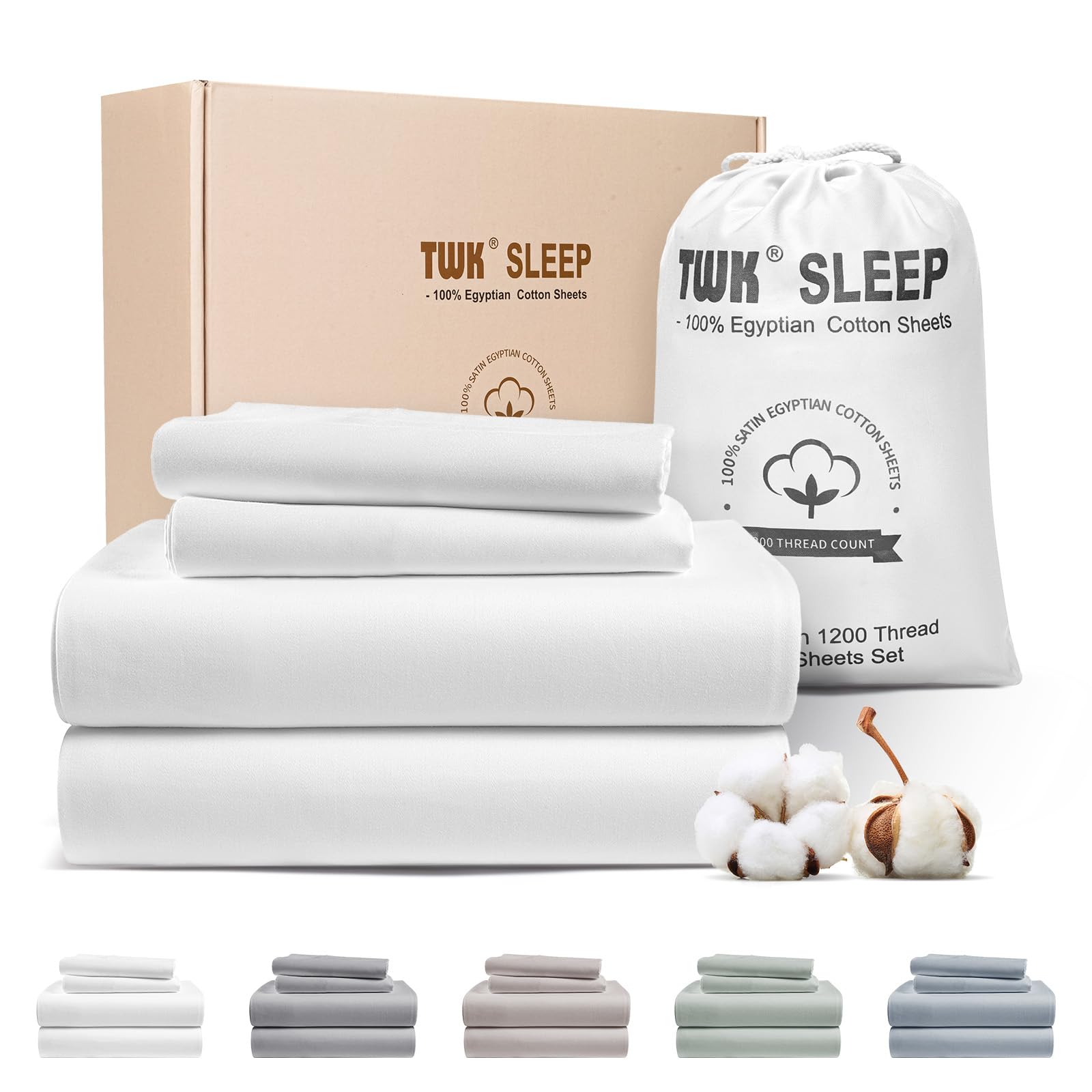 TWK 1200 TC 100% Egyptian Long-Staple Cotton Bedding Sheets Set, Luxury Hotel Style Deep Pocket with Elastic Reinforced Seams Sheet Set, Soft & Comfy Natural Sheets (White, Full)