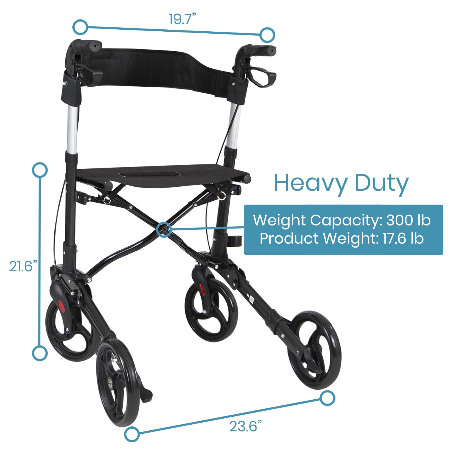Vive Mobility Rollator Walker with Seat (Euro Style) - Heavy Duty, Medical, Large Wheels, Brakes - for Seniors, Adults - 4 Wheeled Rolling Lightweight Premium Folding Scooter Aid for Women (Black)