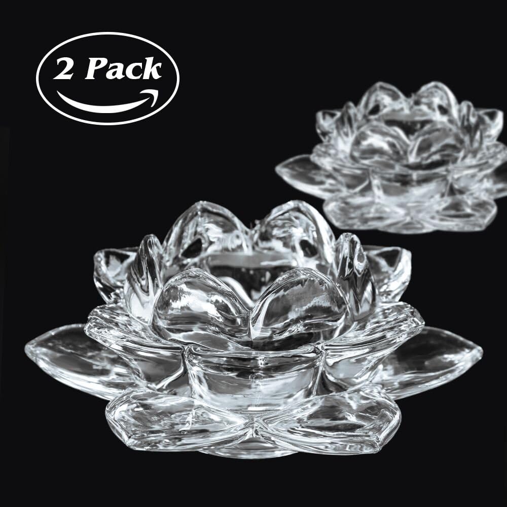 Crystal Lotus Votive Candle Holders,Rightwell 2 Pack Glass Tealight Meditation Candles Holders for Table Decoration,Home Decoration, Wedding and Votive Activity