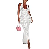 Womens Crochet Bodycon Maxi Dress Sexy Halter Backless Knit Fringe Party Club Long Dress Summer Beach Vacation Cover Up