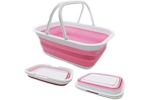 SAMMART 9.2L (2.37Gallon) Collapsible Tub with Handle - Portable Outdoor Picnic Basket/Crater - Foldable Shopping Bag - Space Saving Storage Container (1, White/Pink)