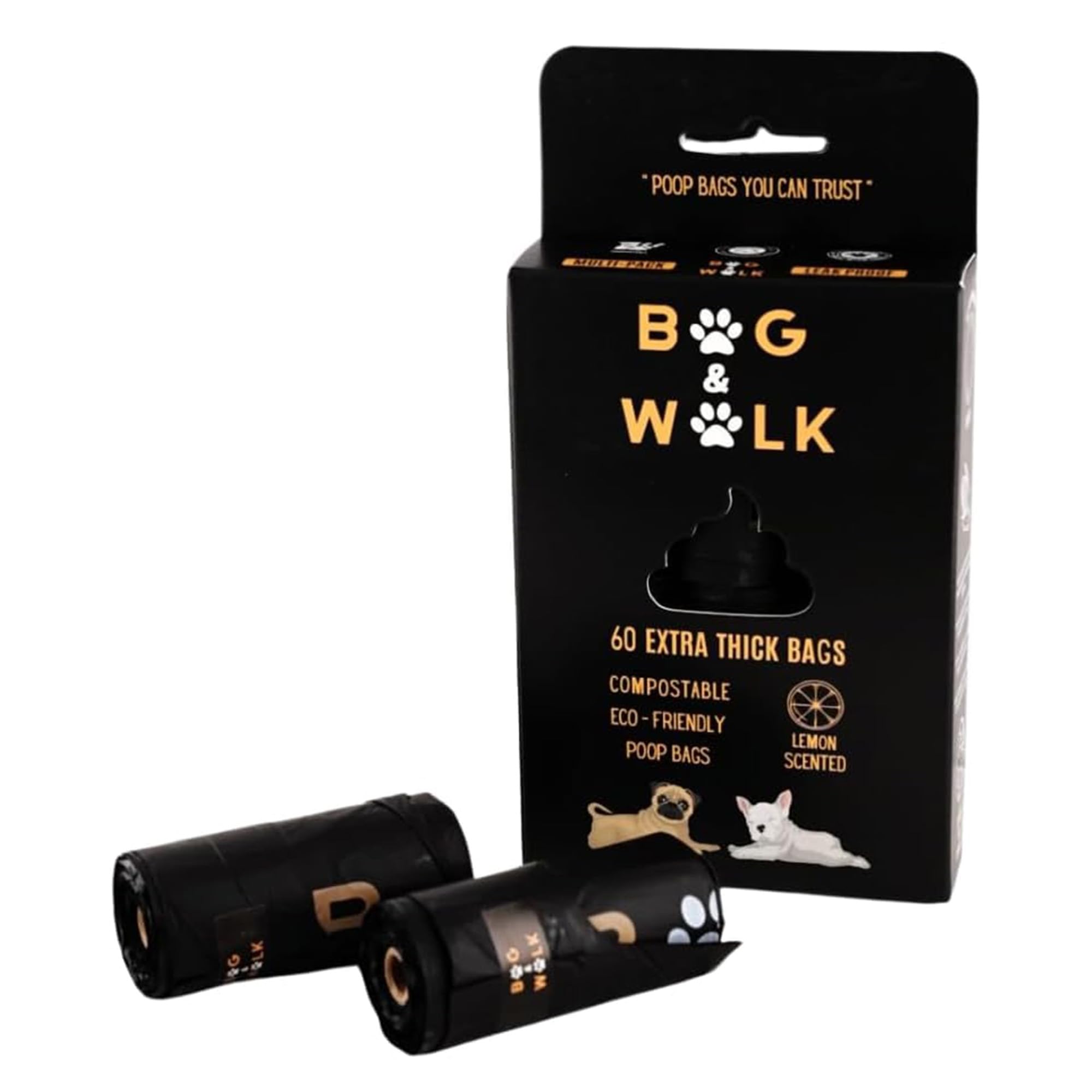 Bag & Walk 60 or 240 Extra-Thick Compostable Poop Bags (6 or 24 Rolls of 10), Lemon-Scented and Biodegradable Poo Bags, Fits Dispensers, Eco-Friendly Waste Solution for Dogs -Wag & Walk Product (60)