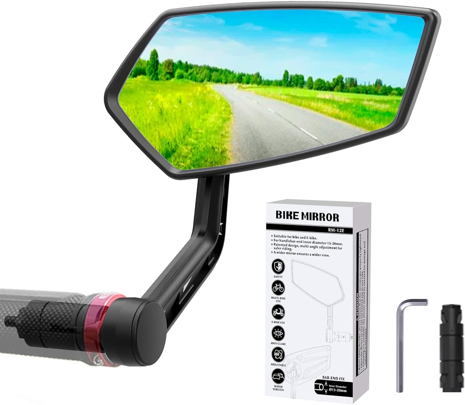 RBRL Bike Mirror Rotatable HD Safety Convex Bar End Mirror, Scratch Resistant Wide Angle Bicycle Shatterproof Side Mirrors, Mirrors for Electric Bikes Universal (Right) (RM12E-1)