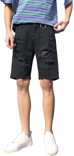 Amazon Yitongジーンズ パンツ メンズ 夏 五分丈 パンツ ハーフパンツ 短パンツ 無地 ゆったり ダメージ加工 黒パンツ 膝丈 夏服 薄手 通気 綿 柔らかい ショートパンツ 通販