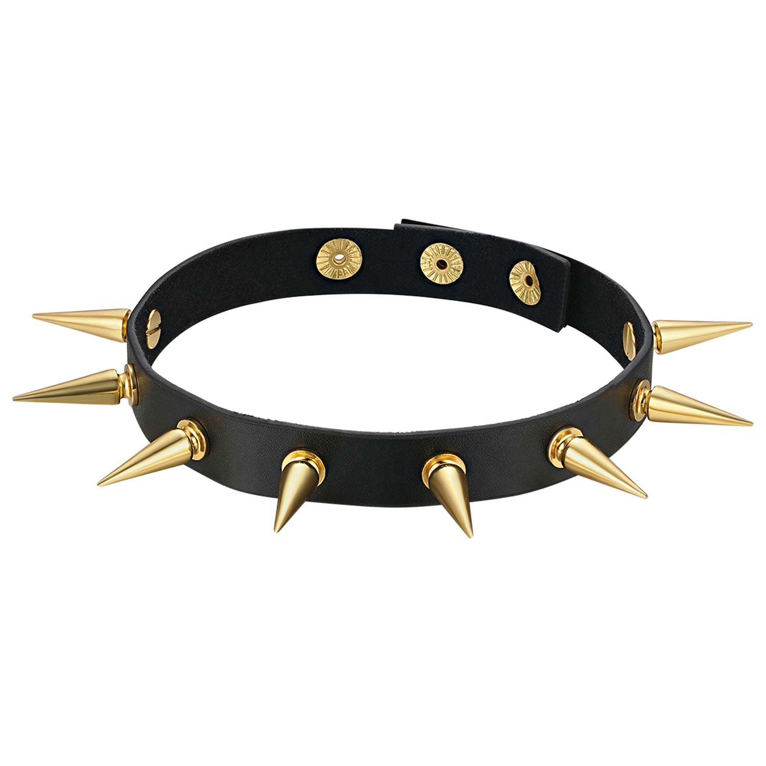 Cupimatch Gothic Rivets Adjustable 3 Button Leather Necklace Choker Punk Rock Alloy Stud Spike Collar Belt for Women Men (Gold)