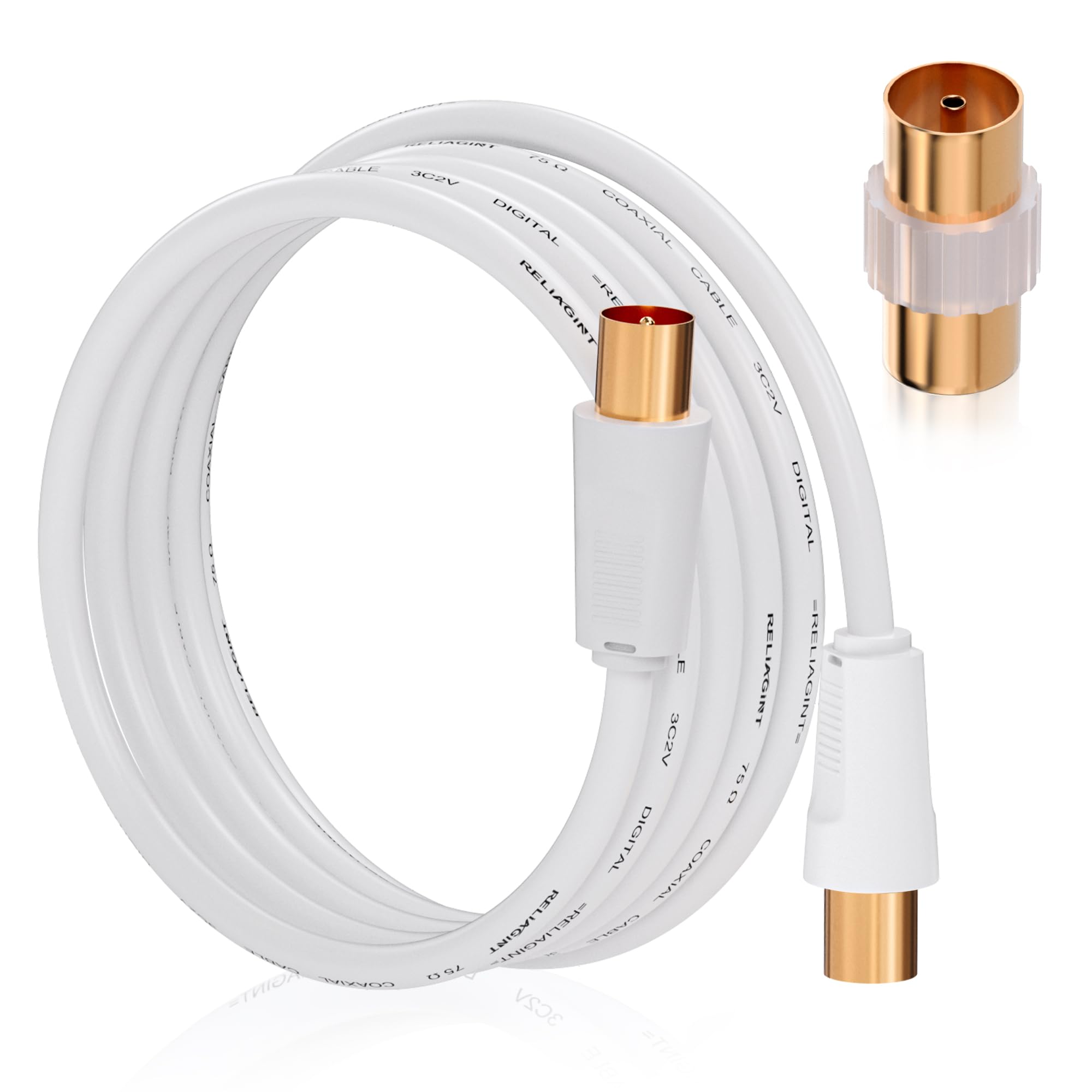 RELIAGINT TV Aerial Cable 0.5m, 75 Ohm Coaxial Lead, IEC 9.5mm Male to Male 3C2V Pure Copper Dual Shielded, Straight Connector, Female to Female Adaptor Included, White