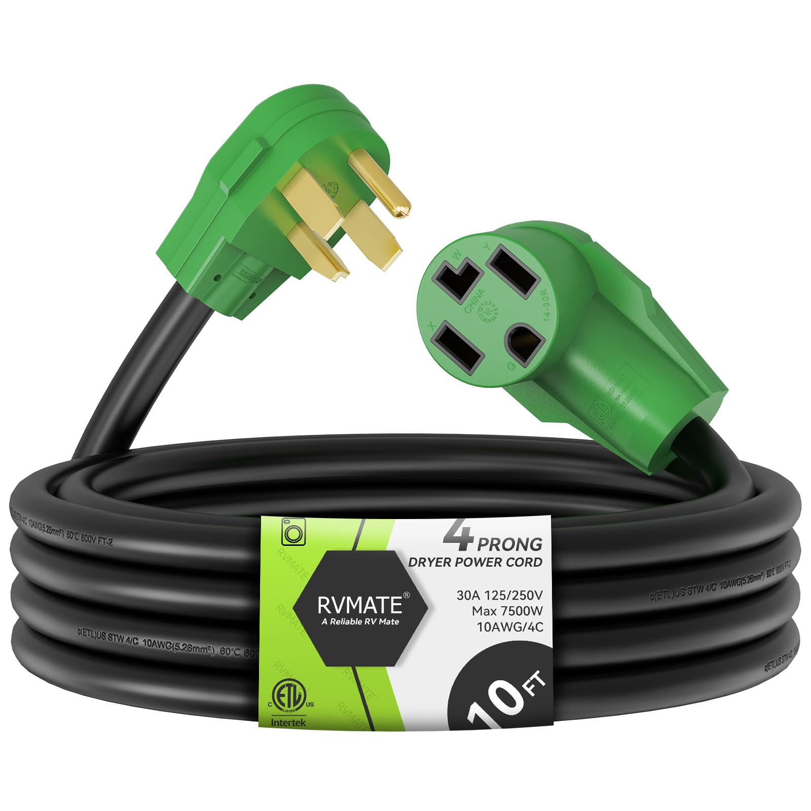 Photo 1 of RVMATE 4 Prong Dryer Extension Cord 10 Feet, 30 Amp NEMA 14-30P to 14-30R 125V/250V Waterproof PVC Jacket, Perfect for Dryer Power Extension, ETL Listed