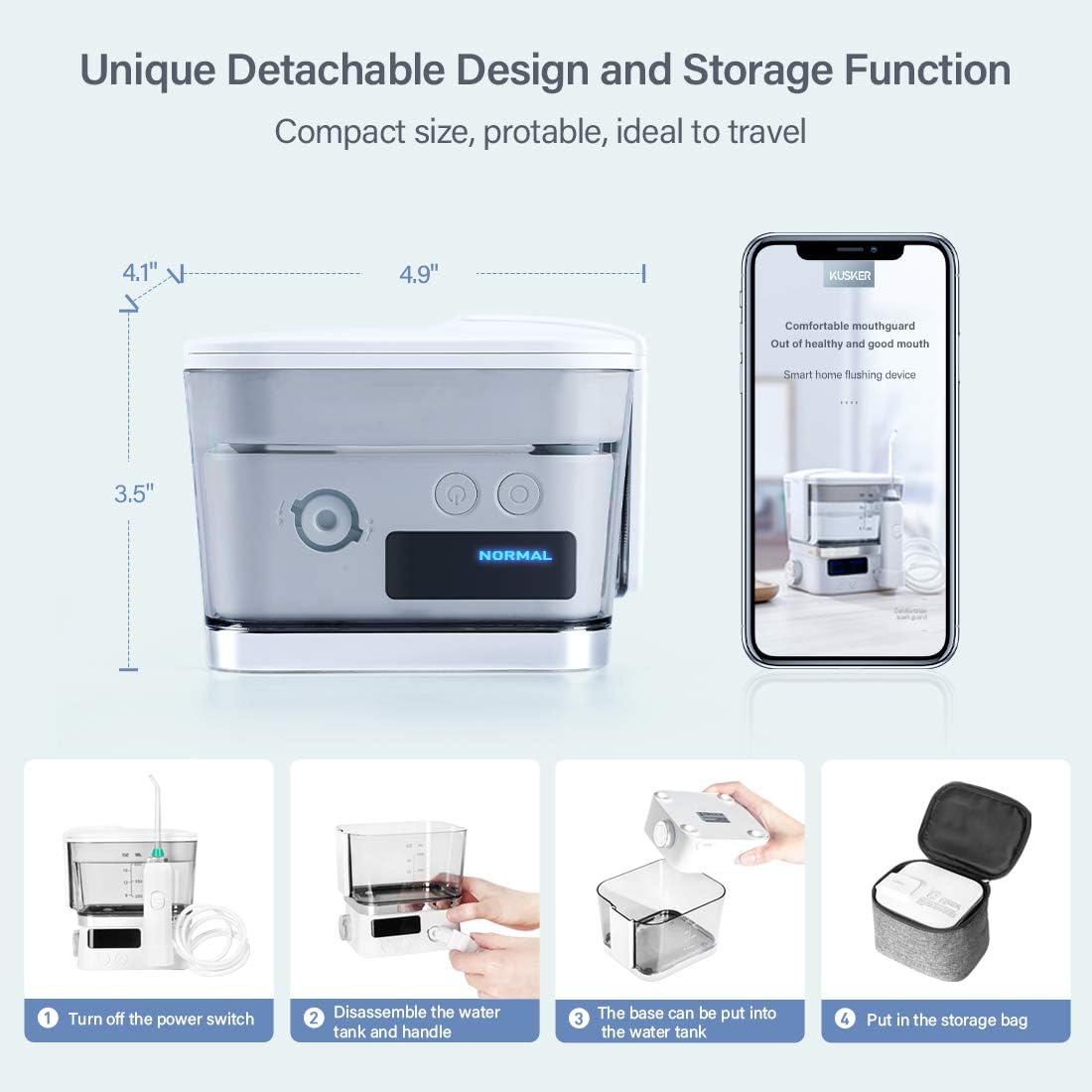 KUSKER Water Flosser Teeth Cleaner, Portable Dental Oral Irrigator for Travel & Family with 10 Adjustable Pressure & 3 Modes, 8 Multifunctional Tips, Storage Case, 600ML Professional Teeth Braces Care: Health & Personal Care
