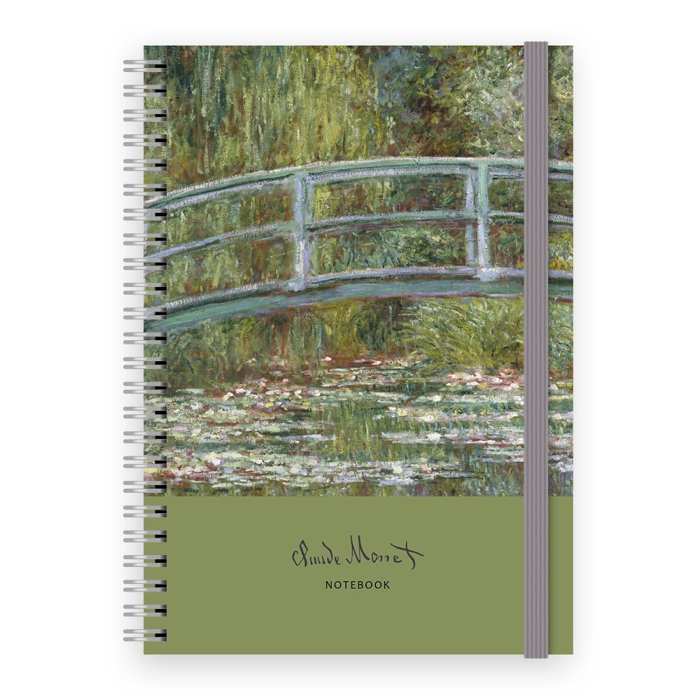 Cauliflower Journals A5 Spiral Bound Journal Notebook- Claude Monet - Lillies over Bridge Cover Design, 120 Ruled Pages, Double Pocket Page & Elastic Page Divider (Lillies over the Bridge)