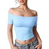 YEOREO Sophie Women Off Shoulder Crop Top Summer Short Sleeve T-Shirts Y2K Double Lined Fit Basic Tee Going Out Cute Tops