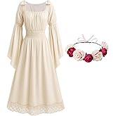 ZhouBoat Renaissance Medieval Costume Dress Lace Skirt Bow Bell Sleeve Women Fairy Dress with Flower Crown