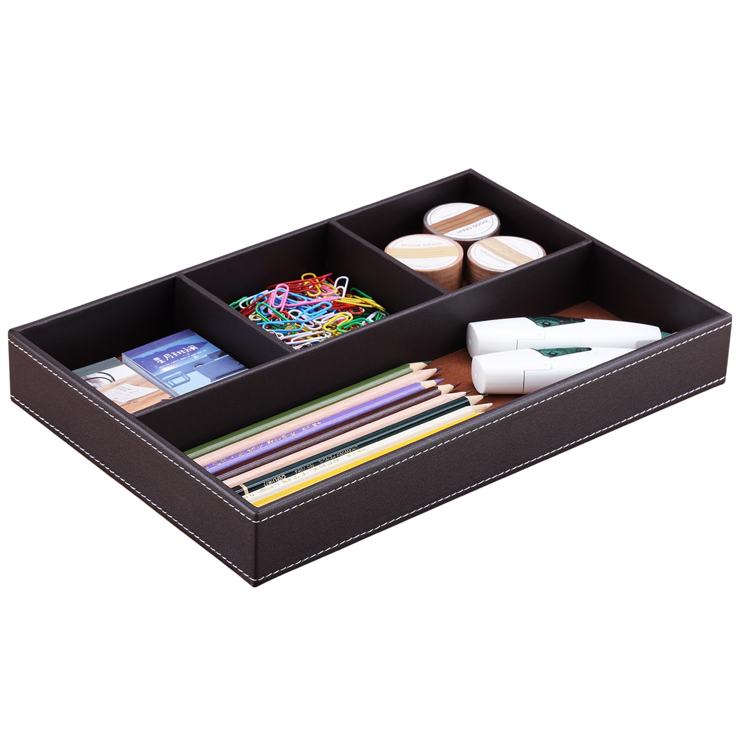 KINGFOM Leather Desk Drawer Tray Organiser, Brown