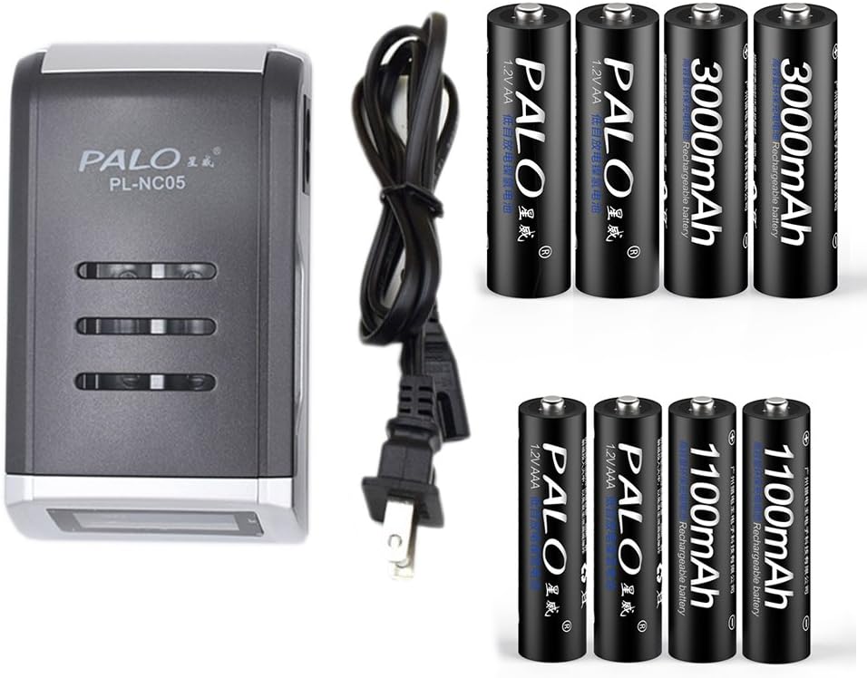 PALO Charger Universal 4 Slots LCD Display Smart Intelligent Battery Charger with 4PCS 3000mAh AA and 4PCS 1100mAh AAA NiCD NiMH Rechargeable Batteries (with 4PCS AA and 4pcs AAA batteris)