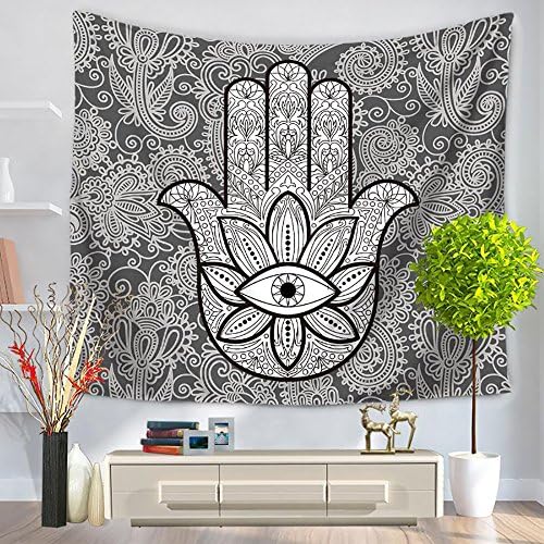 Oyeahbridal Hamsa Decor Tapestry Wall Hanging,Hand of Fatima Grunge Style Mandala Decoration with Evil Eye Mystic Eastern Religious Art,Bedroom Living Room Dorm Decor(Black&White,(150x200cms))