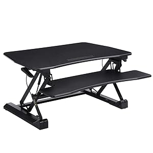 SONGMICS Sitz-Steh-Schreibtisch höhenverstellbarer Aufsatz Steharbeitsplatz Monitorständer mit Abnehmbarem Tastaturhalter, geräumige Tischplatte (90 x 59 cm) Schwarz LSD07B