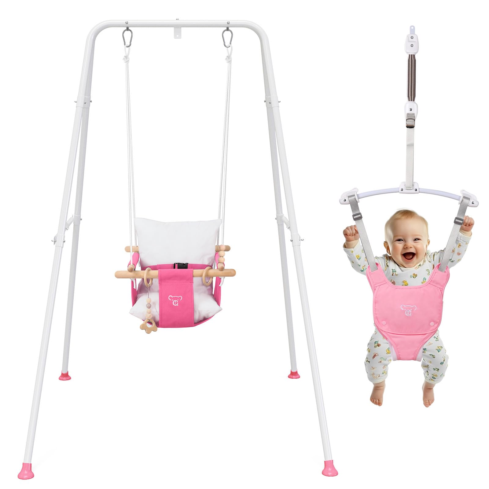 Photo 1 of 2-in-1 Baby Jumper & Swing - Foldable Stand, Stable Toddler Swing Set for Indoor & Outdoor Use (Pink)