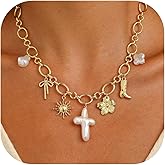 Chunky Charm Cross Pearl Necklace For Women Seashell Shell Starfish Beach Bow 14K Gold Plated Pendant Summer Jewelry