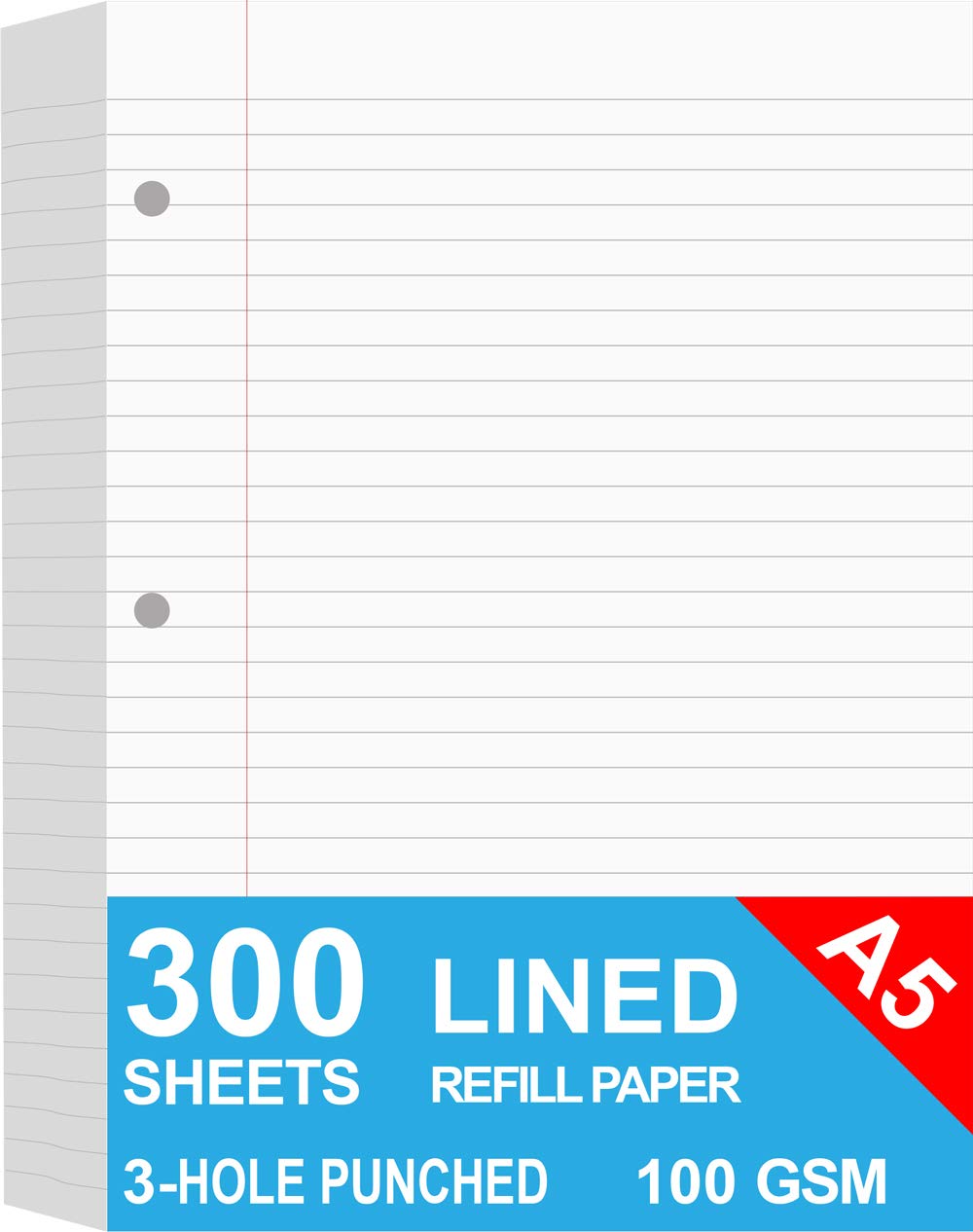 Photo 1 of (3-Pack) A5 Filler Paper, 3 Hole Planner Refills, Organizer, Loose-leaf Binder Paper, Total 300 Sheets/600 Pages, Lined, 100gsm, White, 5.8 x 8.2 Inch, 3 Hole Filler Paper, Mini Binder Refill Inserts