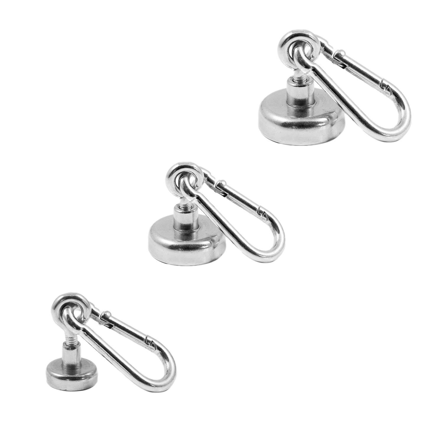 Magnetastico® | 3 Neodymium Eyebolt-Carabiner Magnets N35 | 1x Each 16, 20 & 25 mm | Holding Force 5.5, 9 & 22 kg | 3 Neodymium Pot Magnets snap Hook with Eye, Loop, Very Strong & galvanised
