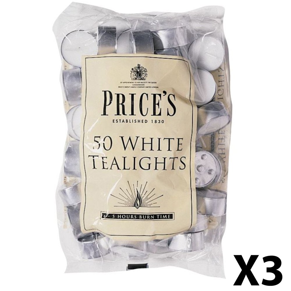 Prices Patent Candles 3 X Pack of 50 White Tealights Bag