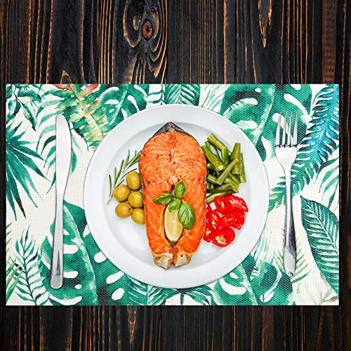 Vivi&Stitch Wipeable Placemats, 6 Pack Table Placemats, Large Palm Leaves Heat-Resistant Stain Resistant Anti-Skid Woven Vinyl Table Mats for Kitchen Dining Table