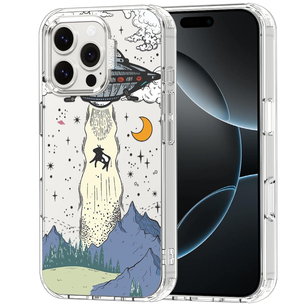 MOSNOVO Case for iPhone 16 Pro Max, [Buffertech 6.6ft Military-Grade Drop Protection] [Anti Peel Off Tech] Clear TPU Bumper Phone Case Cover Design - UFO