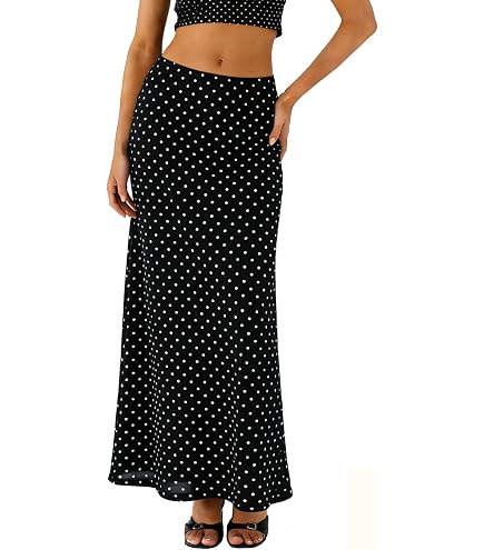 Women Polka Dot Satin Lace Skirt Silk Lace Trim Long Skirts A Line