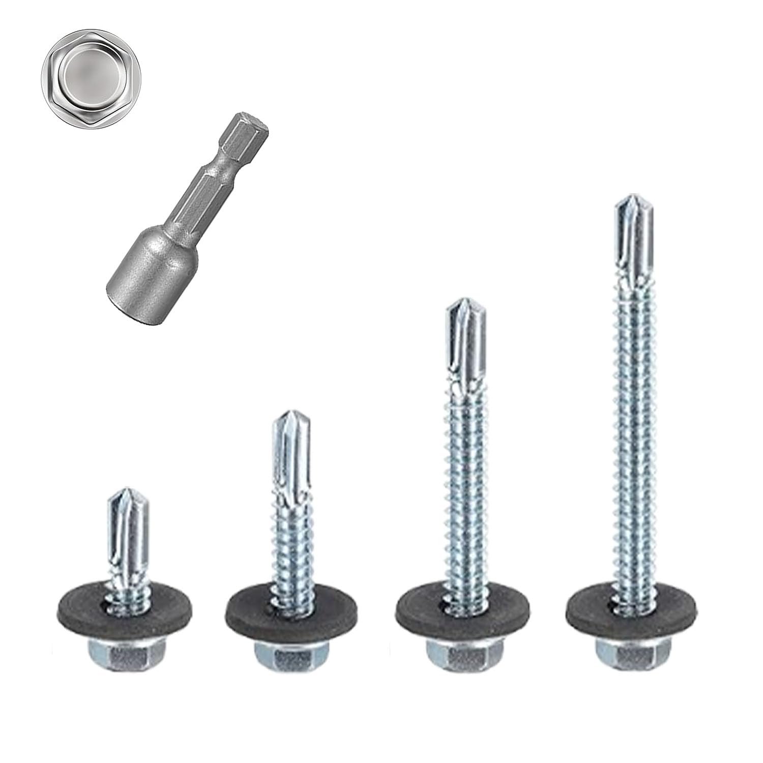 105 Pcs Self Drilling Roofing Screws Set, M5.5 Hex Head Self Tapping Screw with Rubber Sealing Washer & Hex Socket, Metal Roof Screws Kit for Metal Wood - 19/32/45/60 mm