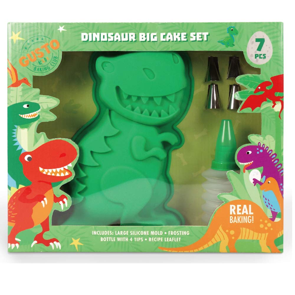 Childrens Dinosaur Baking Set, w/Large Dinosaur Silicone Cake Mould, Piping Bottle with Nozzles and Dinosaur Recipe Card! Great Childrens Baking Set Boys, (Real Baking Sets for Children)