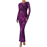 PRETTYGARDEN Women's Long Sleeve Floral Fall Wedding Guest Dress Casual Crewneck Ruched Bodycon Mesh Long Maxi Dresses