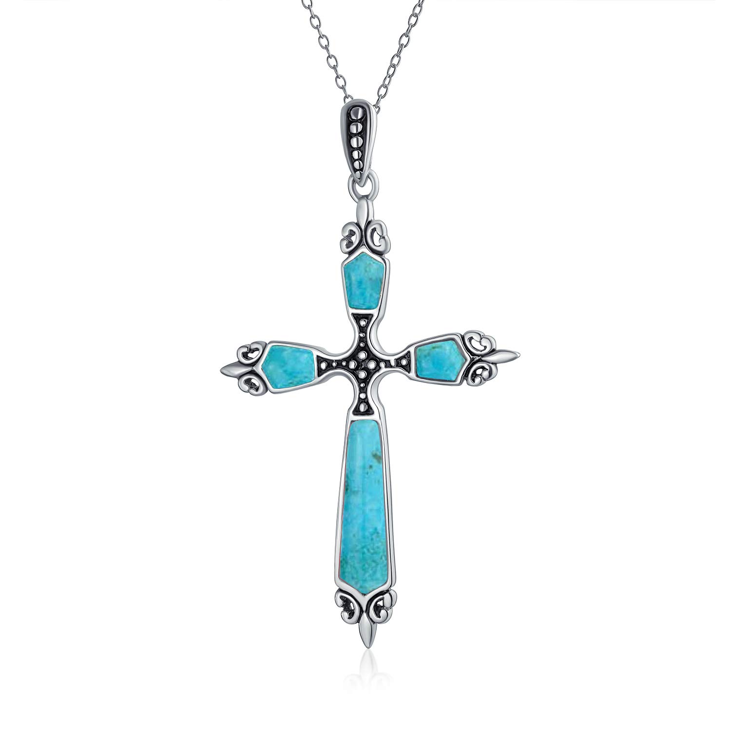 Bling Jewelry Vintage Western Style Spiritual Religious Blue Turquoise Gemstone Fleur De Lis Cross Pendant Necklace For Women Teen Oxidized .925 Sterling Silver — image 1