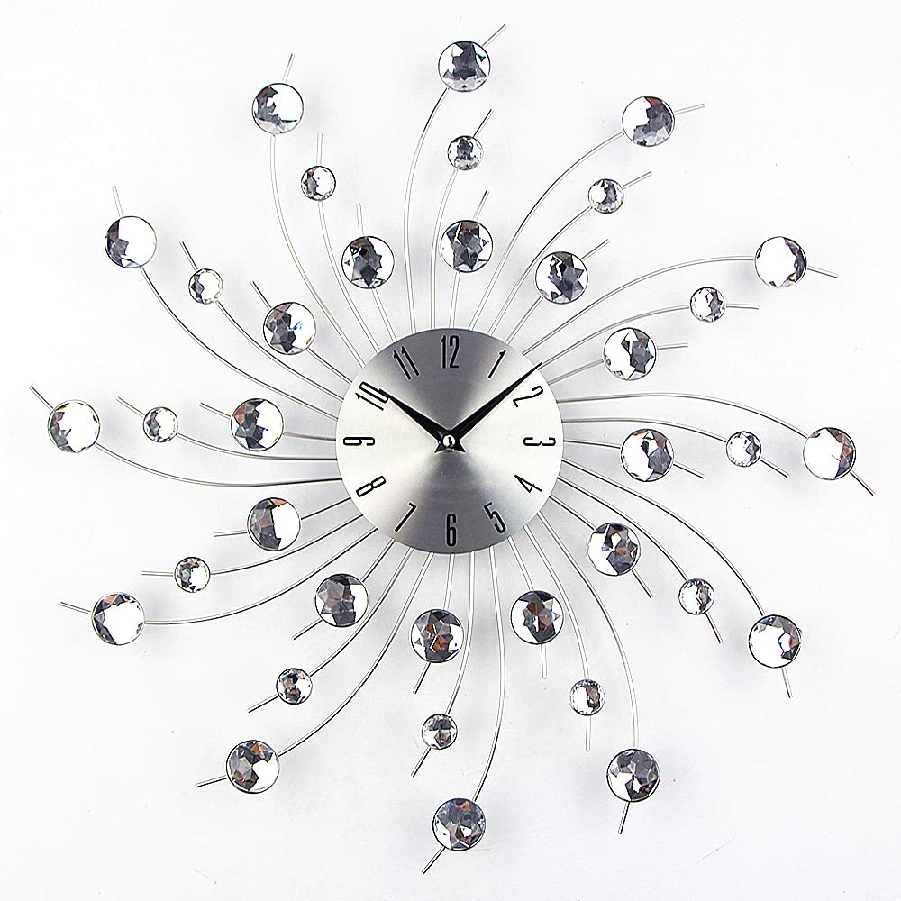 Timelike 3D Crystal Wall Clock - Metal Art Diamond-studded Mute Creative Design, Modern Round Silver Diamond Décor for Living Room Bedroom Office