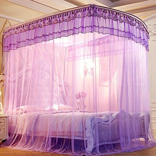 WENZHANG Lace lace mosquito net,European stainless steel netting curtains Telescoping fishing rod square netting curtains Three-door type u bed canopy Bold encryption netting curtains-purple Queen2