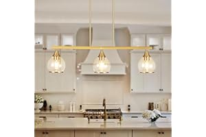 ZOAKLIGHEN Island Light for Kitchen, 3-Light Gold Kitchen Island Linear Hanging Pendant Chandeliers, Brushed Gold Dining Room Light Fixture Over Table with Clear Round Glass Shades