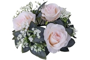 RSACCSKY 2 Pcs Artificial Rose Candle Rings,Floral Wreaths with Eucalyptus Leaves Greenery Garland for Pillar Candle Lantern Wedding Centerpiece Party Home Table Decor (Pink)