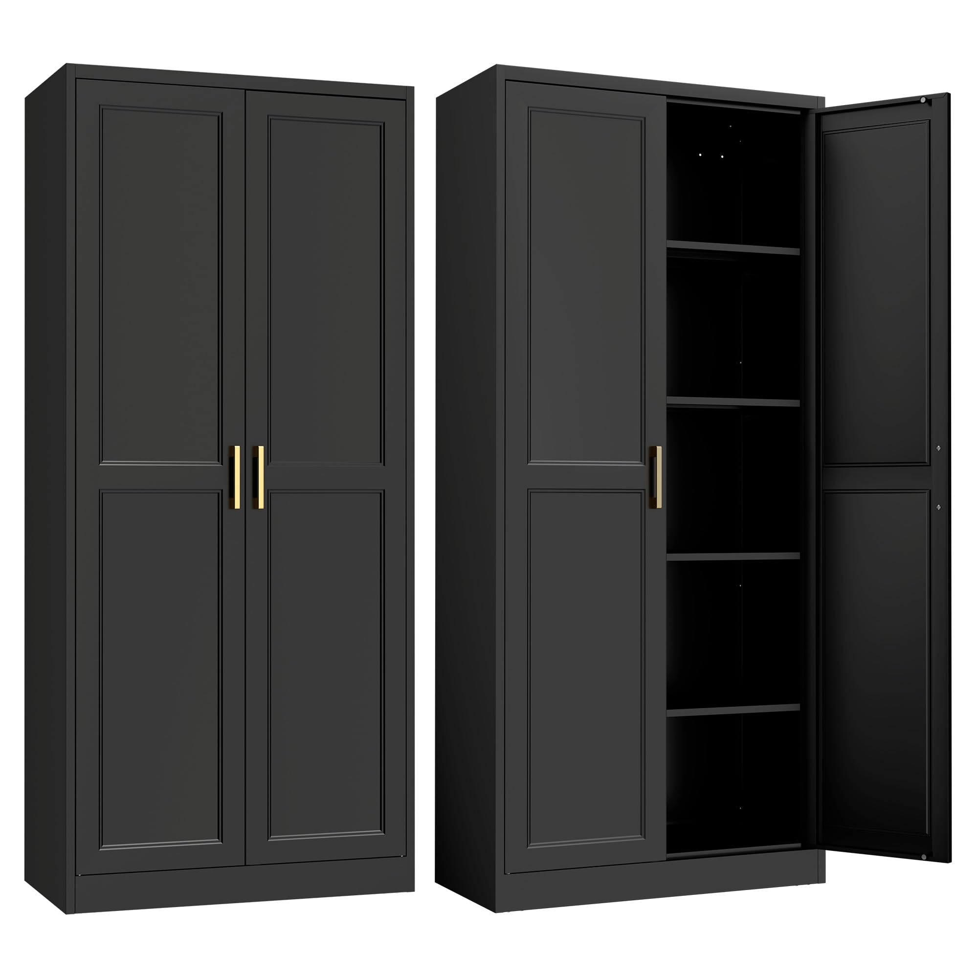 SteeLoong Kitchen Pantry Cabinet,71”Black Metal Pantry Storage Cabinet with Doors and 4 Adjustable Shelves,Kitchen Cabinet with 2 Gold Handles,Tall Cabinet for Livingroom,Pantry, Bathroom