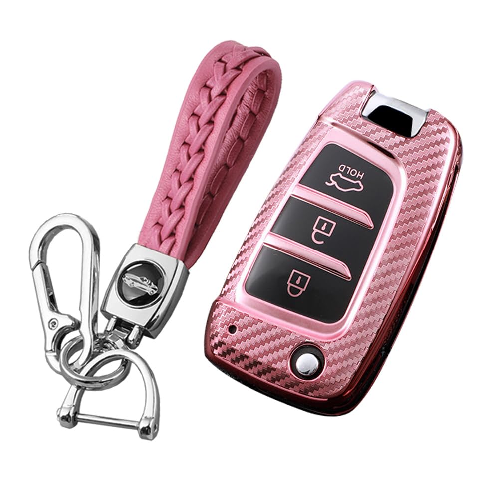 KUNIO Flip Key Fob Cover fit for Hyundai Kona i30 Tucson NX4 2019 2020 2021 2022 2018 2017 2016 Key Cover TPU Carbon Fibre key fob cover Key Case Key Cover 3 Buttons A Pink