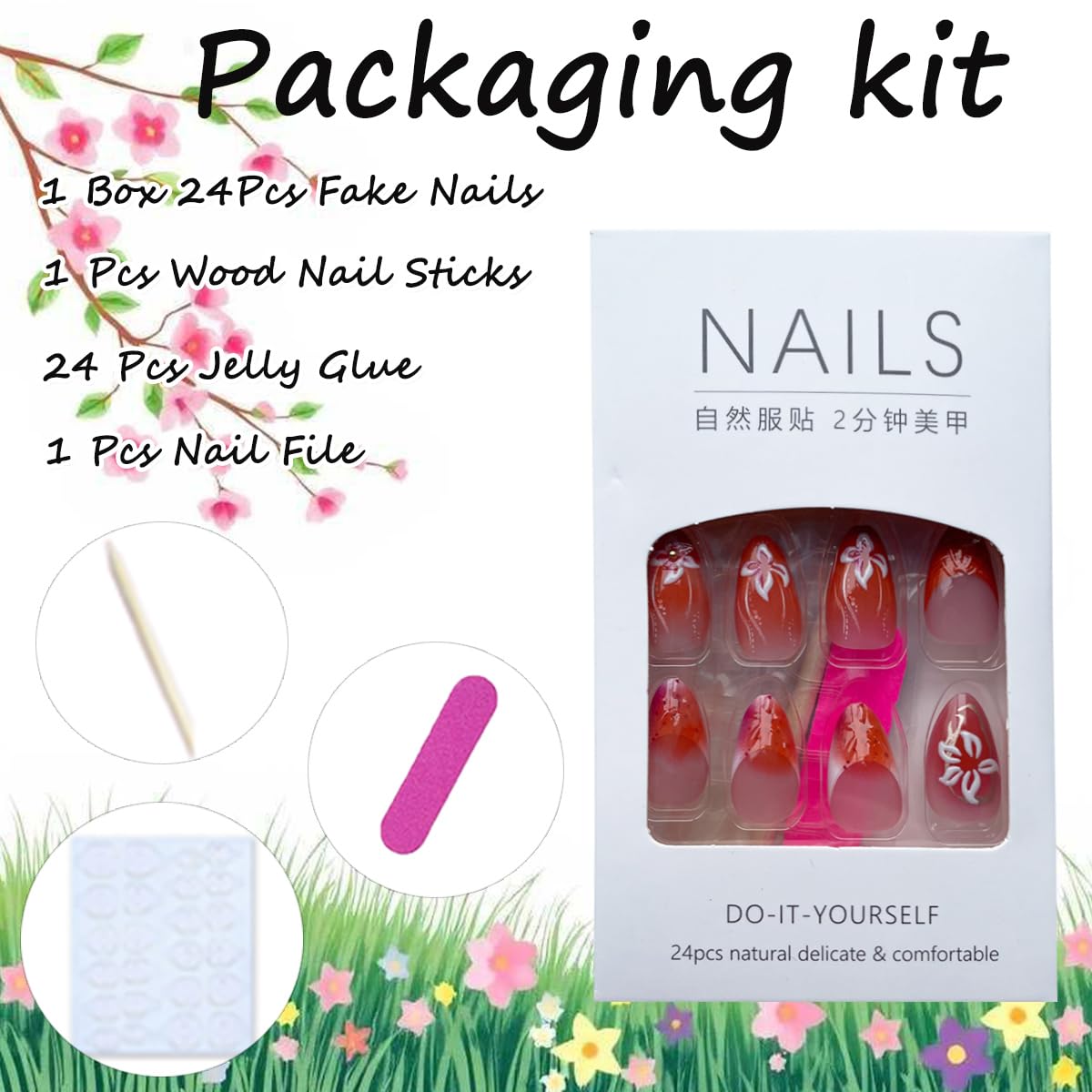 24Pcs Medium Press on Nails Almond Fake Nails with Flower Petal Charms Design Stick on Nails 3D Texture Ripple Flower Acrylic Nails Orange Pink French Tip Glue on Nails Stiletto False Nails for Women - Image 6