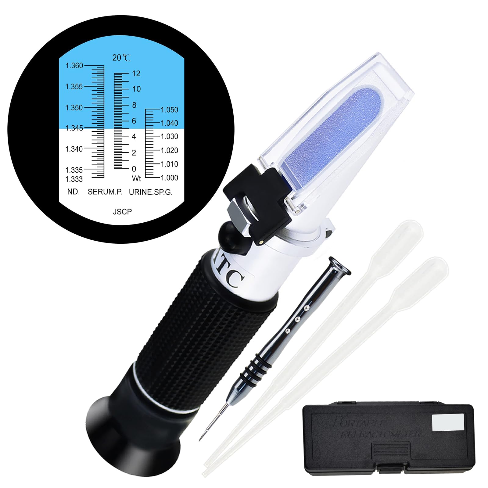 Photo 1 of 3 in 1 Scale Clinical Refractometer with 10~30°C ATC, Serum Protein 0~12g/dl, Urine Specific Gravity 1.000~1.050, Refractive Index 1.333~1.360 RI for Human Use.